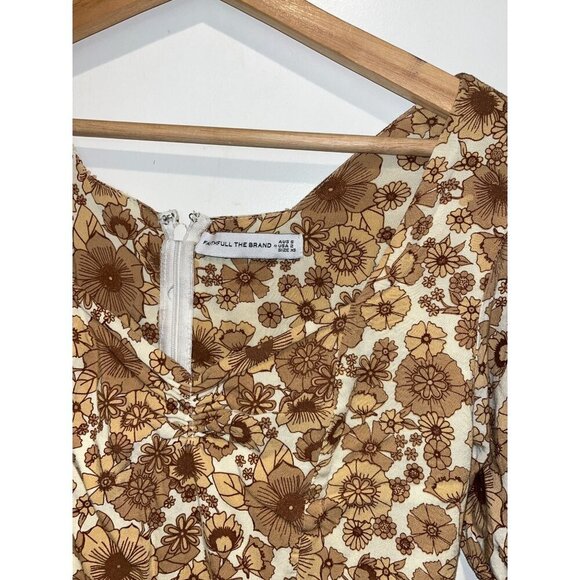 Faithfull The Brand Beige Balloon Sleeves Back Zipper Floral Mini Dress Women's - Picture 4 of 8